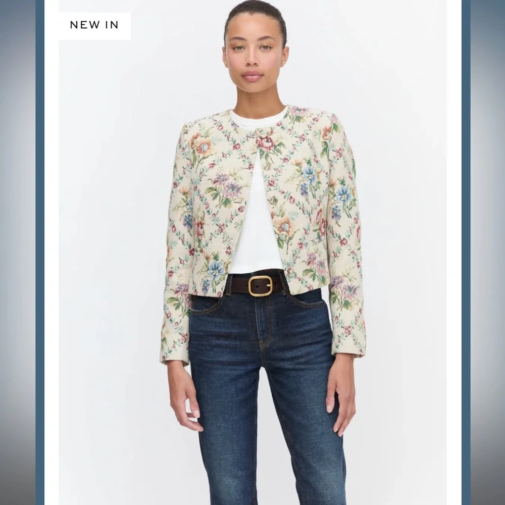 Hill House Home The Virginia Jacket in Tapestry Trellis Brocade Cream Pink Multi - Picture 2 of 8